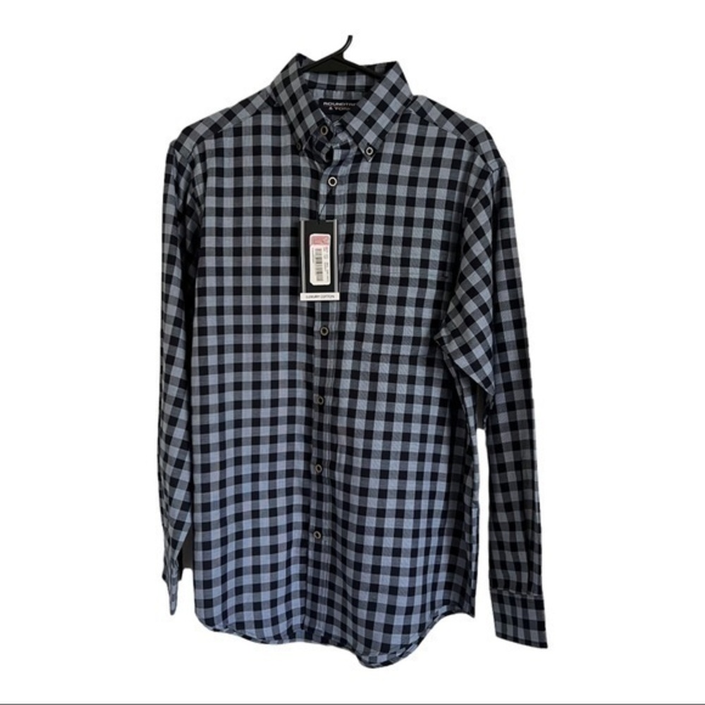 RoundTree & Yorke Blue Checker Luxury Cotton Button Down Dress Shirt Size S
